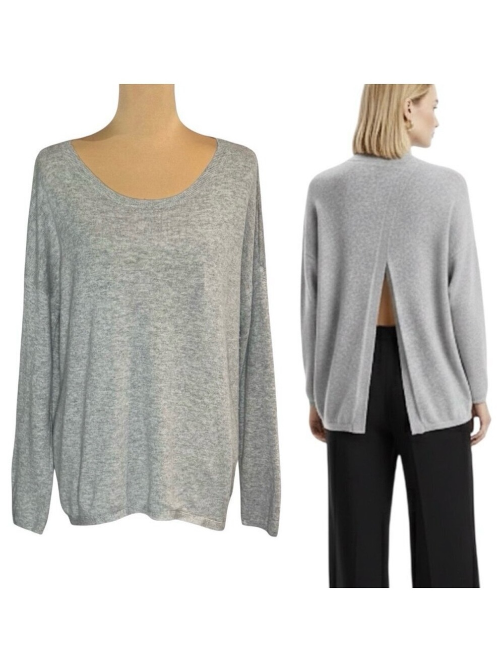 Joie Wool Cashmere Blend Sweater Sz L Heather Gray Split Back Contemporary